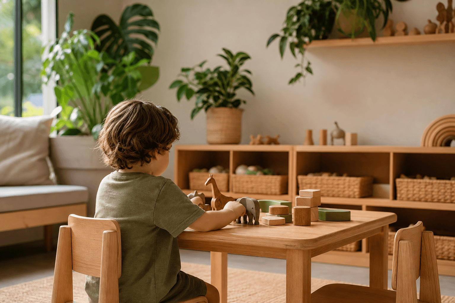 Child quietly playing with wooden toys in a calm sensory-friendly room